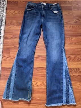 Kancan Dark Blue Women's Flared Jeans with Frayed Hem